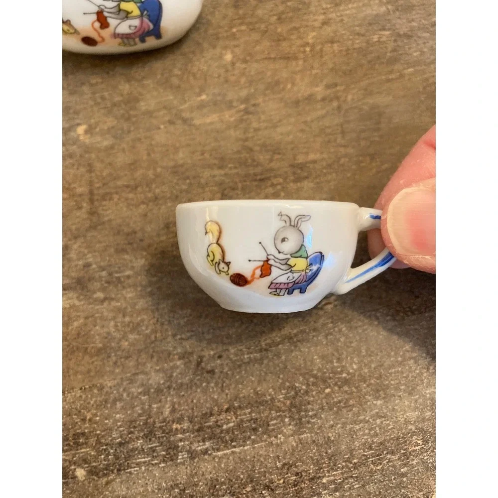 Vintage Miniature Porcelain Tea Set Bunny Squirrel Knitting Made in‎ Japan 8pc